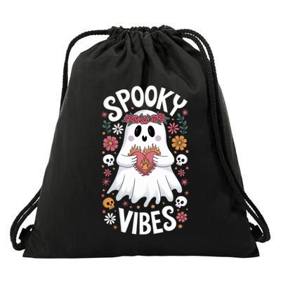 Spooky Vibes Ghost Retro Meaningful Gift Drawstring Bag