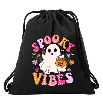 Spooky Vibes Ghost Retro Groovy Halloween Drawstring Bag