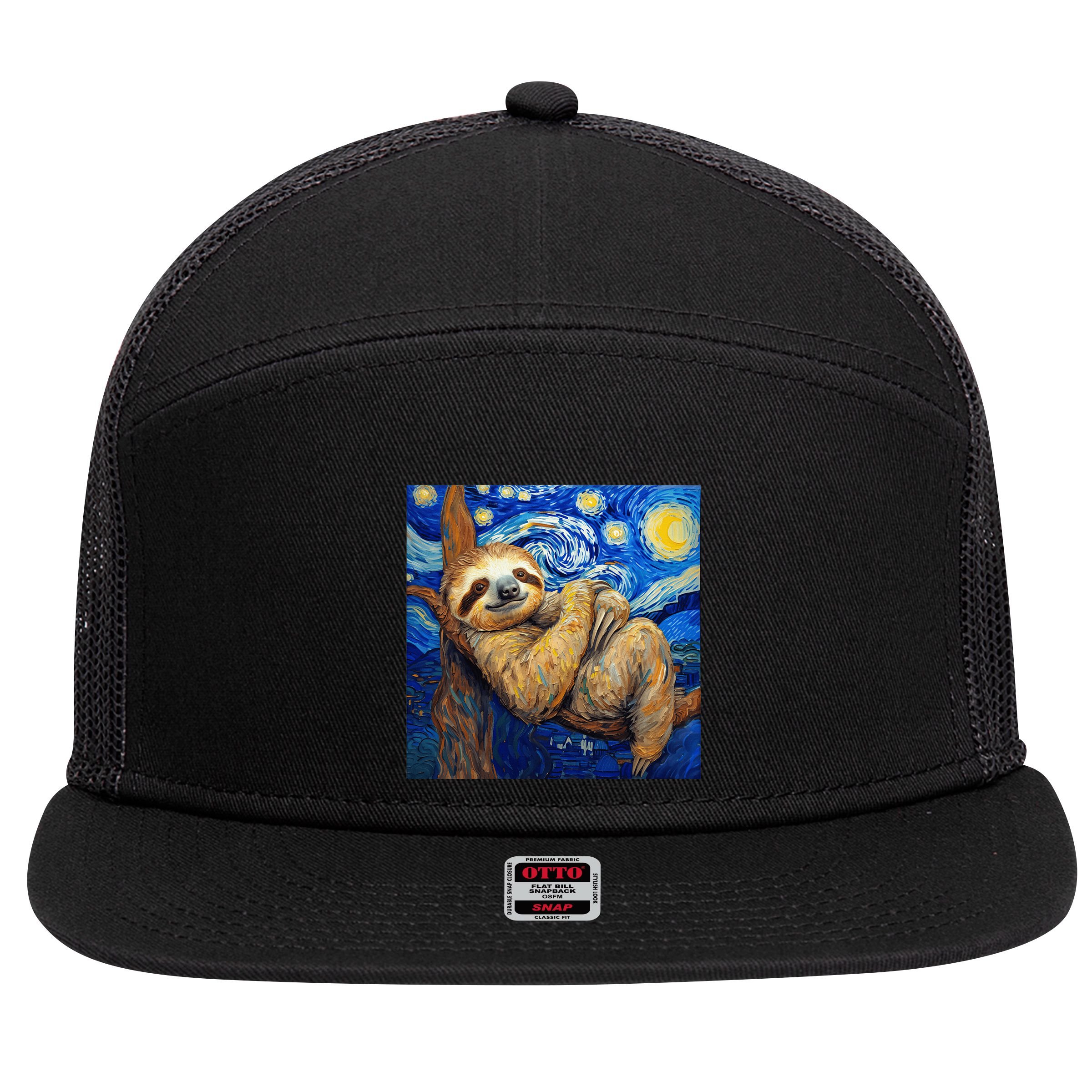 Sloth Van Gogh Style Starry Night 7 Panel Mesh Trucker Snapback Hat