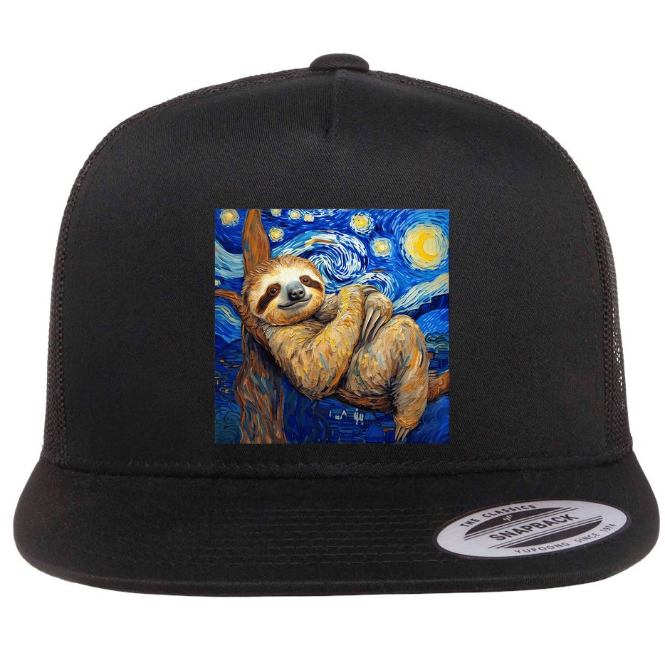Sloth Van Gogh Style Starry Night Flat Bill Trucker Hat