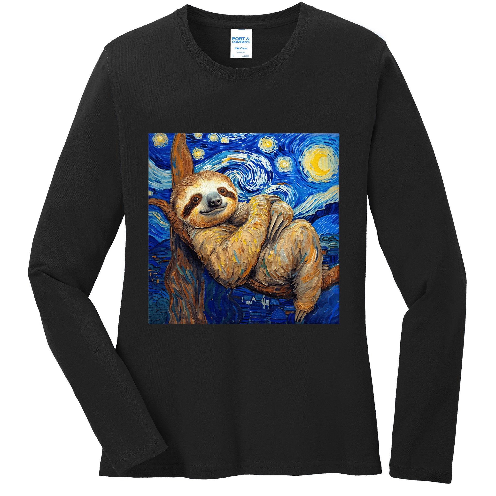 Sloth Van Gogh Style Starry Night Ladies Long Sleeve Shirt