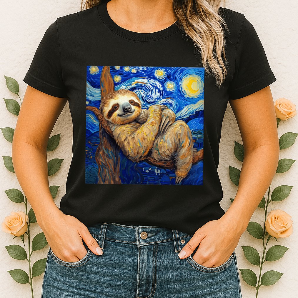 Sloth Van Gogh Style Starry Night Womens T-Shirt