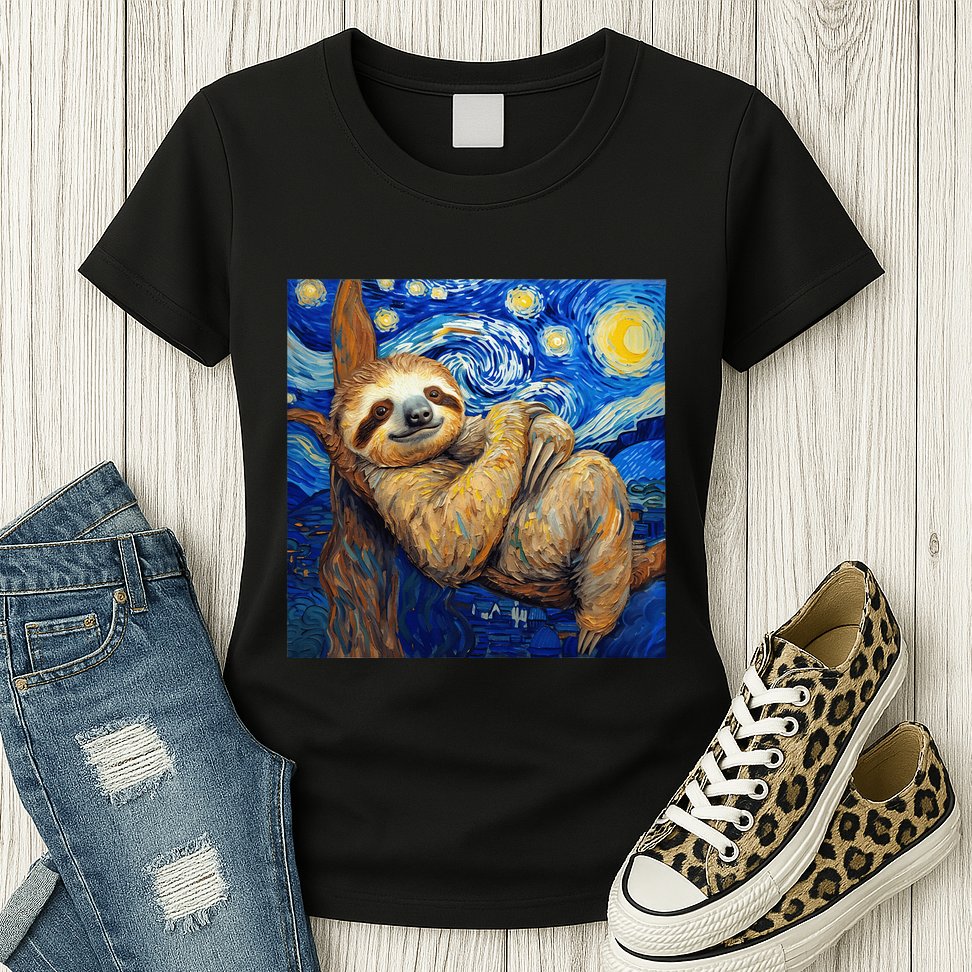Sloth Van Gogh Style Starry Night Womens T-Shirt