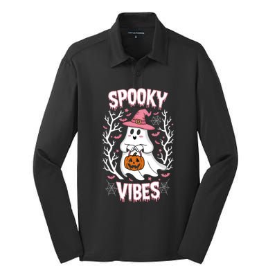 Spooky Vibes Ghost Pumpkin Halloween Great Gift Silk Touch Performance Long Sleeve Polo