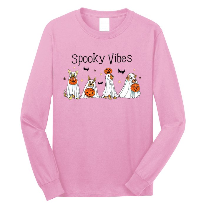 Spooky Vibes Halloween Ghost Dogs Lover Groovy Long Sleeve Shirt