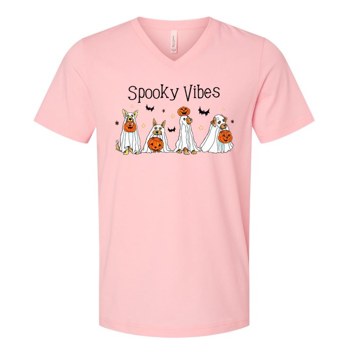 Spooky Vibes Halloween Ghost Dogs Lover Groovy V-Neck T-Shirt