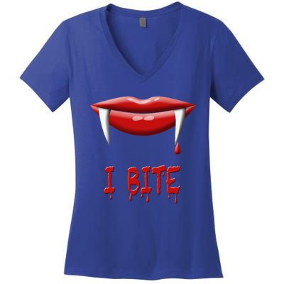 Sexy Vampire Halloween Costume I Bite Fangs Women's V-Neck T-Shirt