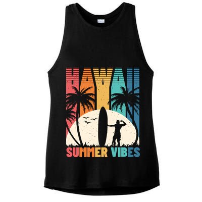 Surfing Vintage Hawaii Summer Vibes Tropical Palm Gift Ladies PosiCharge Tri-Blend Wicking Tank