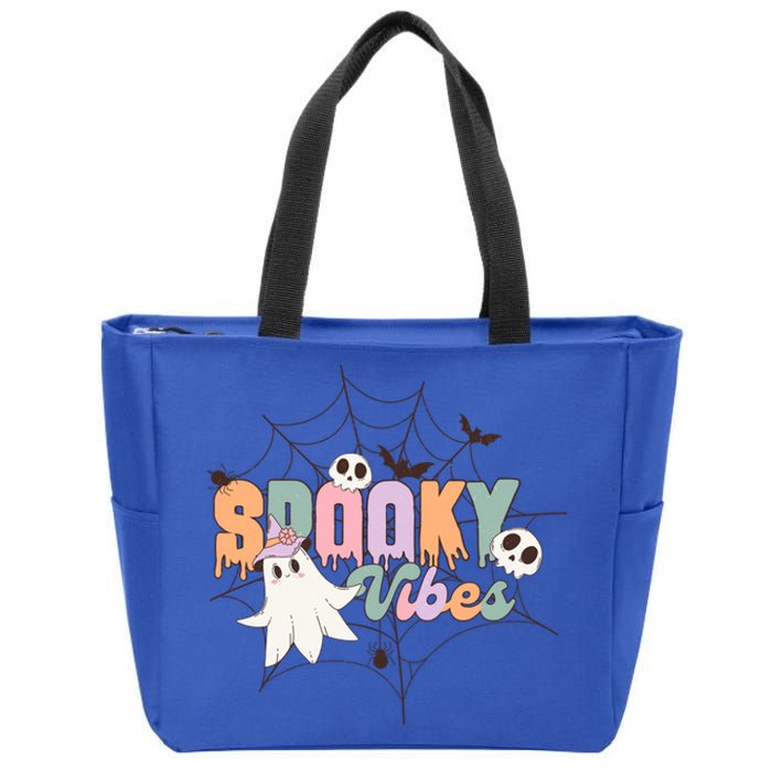 Spooky Vibes Halloween Ghost Spider Web Festive Design Gift Zip Tote Bag