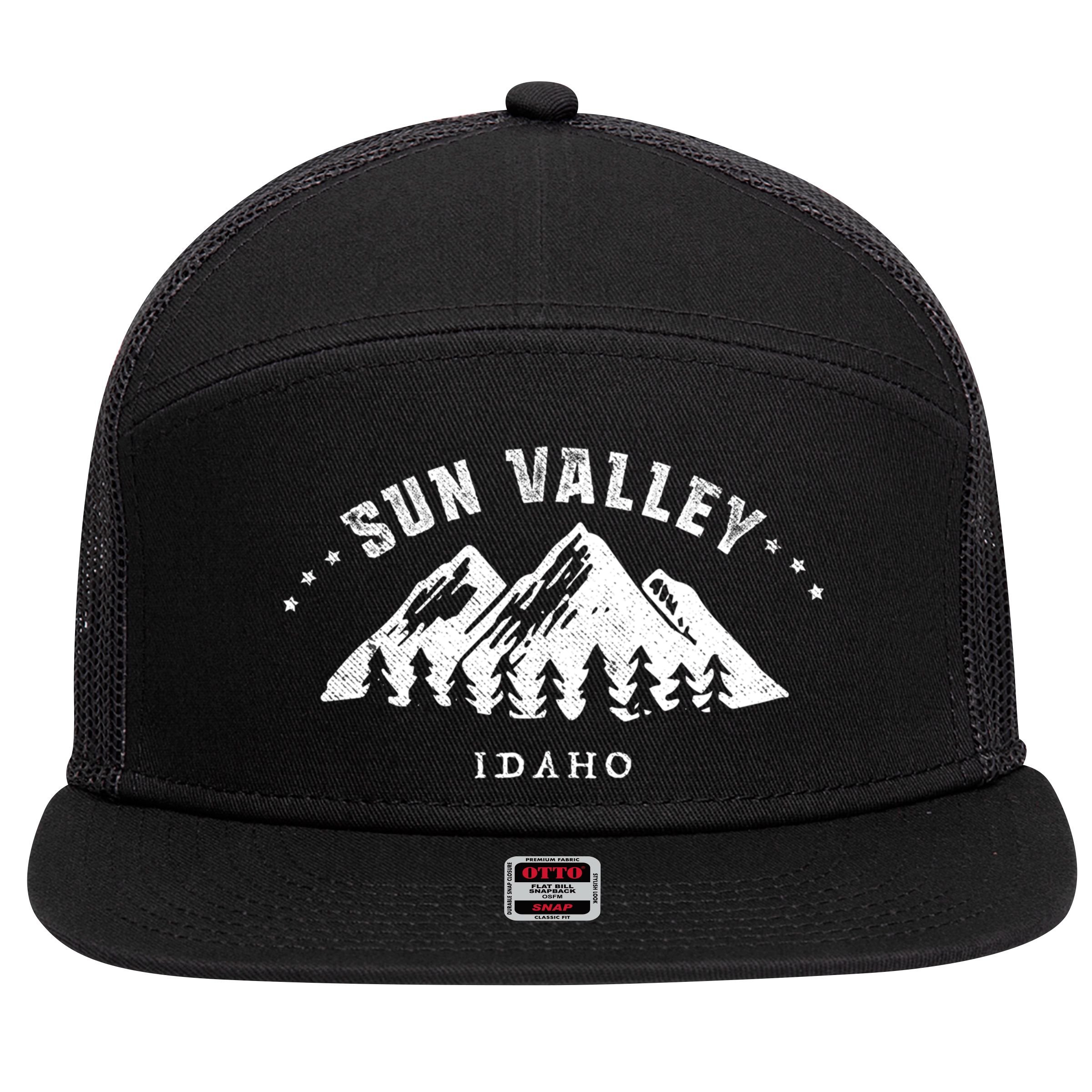 Sun Valley Idaho Outdoors Adventure Mountain Graphic Gift 7 Panel Mesh Trucker Snapback Hat