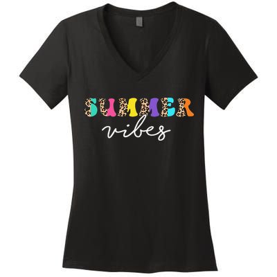 Summer Vibes Leopard Hello Summer Vacation Family Women's V-Neck T-Shirt