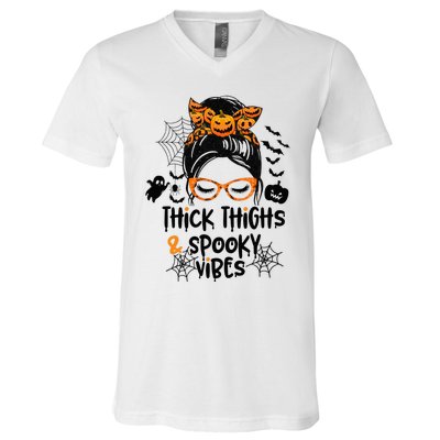 Spooky Vibes Messy Bun Halloween Leggings V-Neck T-Shirt