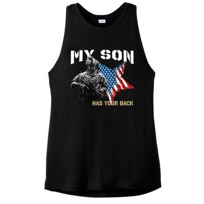 Soldier Veteran My Son Has Your Back Gift Ladies PosiCharge Tri-Blend Wicking Tank