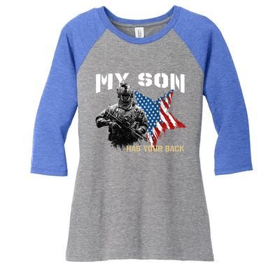 Soldier Veteran My Son Has Your Back Gift Women's Tri-Blend 3/4-Sleeve Raglan Shirt