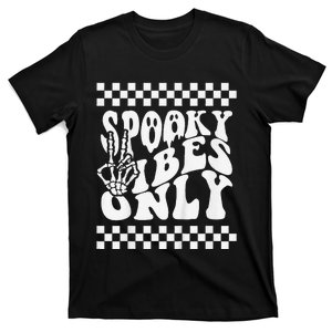 Spooky Vibes Only Halloween Skeleton Peace Checkered T-Shirt