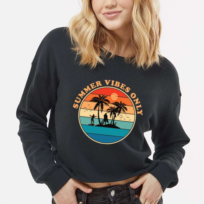 Summer Vibes Only Retro Beach Sunset Cropped Pullover Crew