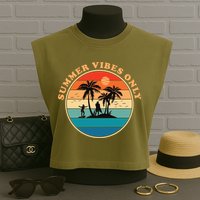 Summer Vibes Only Retro Beach Sunset Garment-Dyed Women's Muscle Tee