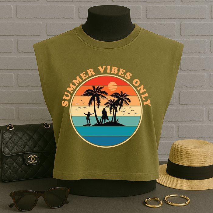 Summer Vibes Only Retro Beach Sunset Garment-Dyed Women's Muscle Tee