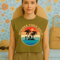 Summer Vibes Only Retro Beach Sunset Garment-Dyed Women's Muscle Tee