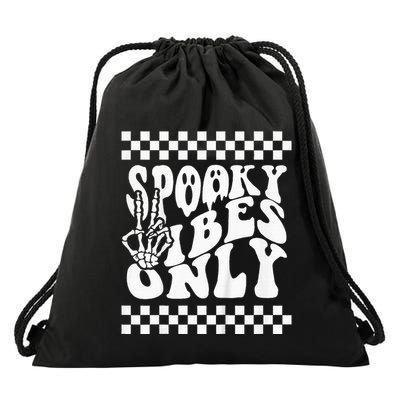 Spooky Vibes Only Halloween Skeleton Peace Checkered Drawstring Bag