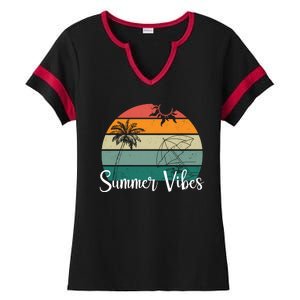 Summer Vibes Palm Trees Retro Sunset Ladies Halftime Notch Neck Tee