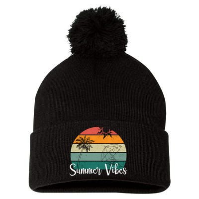 Summer Vibes Palm Trees Retro Sunset Pom Pom 12in Knit Beanie