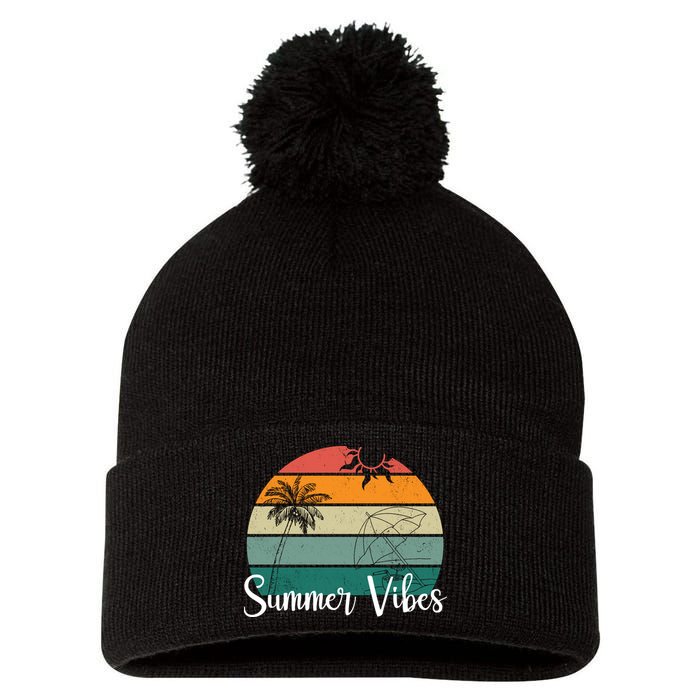 Summer Vibes Palm Trees Retro Sunset Pom Pom 12in Knit Beanie