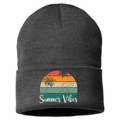 Summer Vibes Palm Trees Retro Sunset Sustainable Knit Beanie