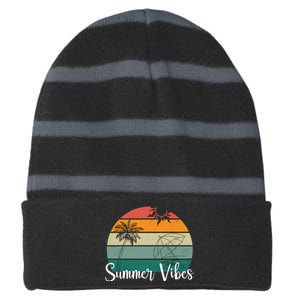 Summer Vibes Palm Trees Retro Sunset Striped Beanie with Solid Band