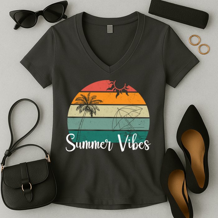 Summer Vibes Palm Trees Retro Sunset Women's V-Neck T-Shirt