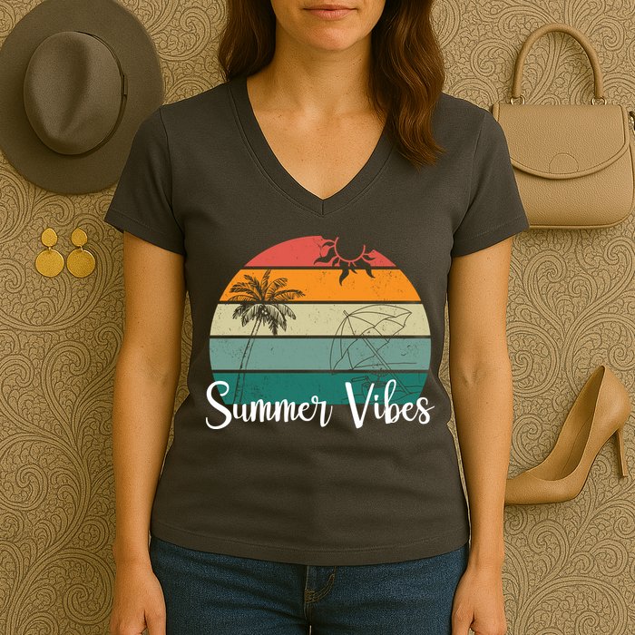 Summer Vibes Palm Trees Retro Sunset Women's V-Neck T-Shirt