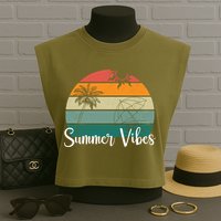 Summer Vibes Palm Trees Retro Sunset Garment-Dyed Women's Muscle Tee