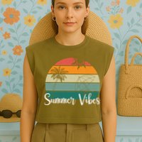 Summer Vibes Palm Trees Retro Sunset Garment-Dyed Women's Muscle Tee