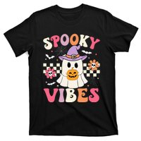 Spooky Vibes Retro Ghost Holding Pumpkin Halloween T-Shirt