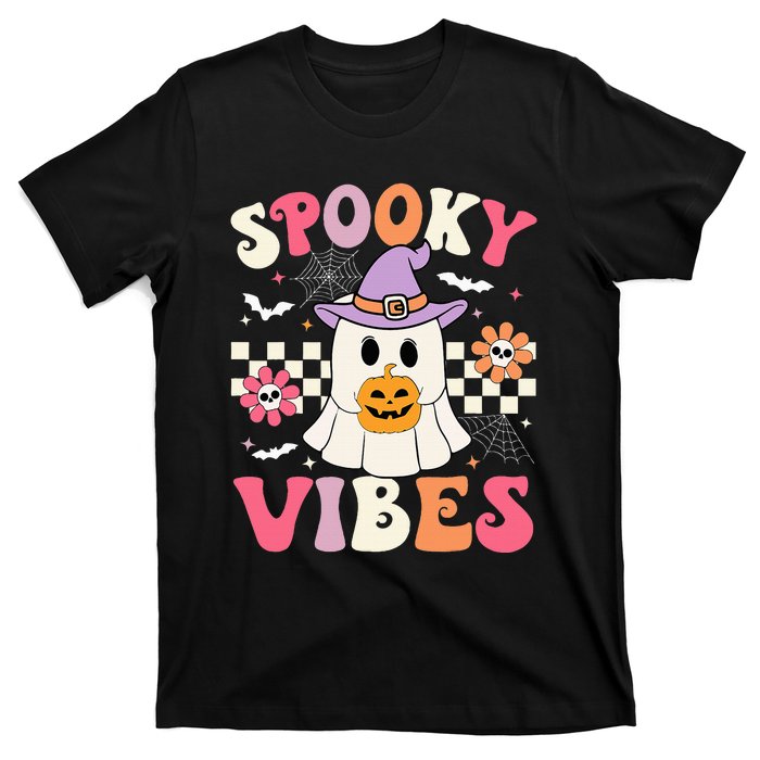 Spooky Vibes Retro Ghost Holding Pumpkin Halloween T-Shirt