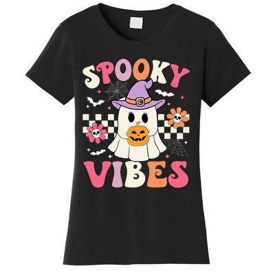 Spooky Vibes Retro Ghost Holding Pumpkin Halloween Women's T-Shirt