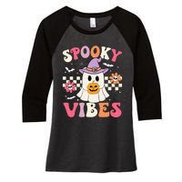 Spooky Vibes Retro Ghost Holding Pumpkin Halloween Women's Tri-Blend 3/4-Sleeve Raglan Shirt