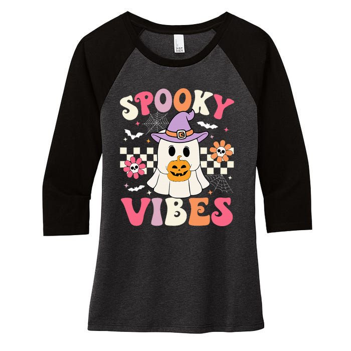 Spooky Vibes Retro Ghost Holding Pumpkin Halloween Women's Tri-Blend 3/4-Sleeve Raglan Shirt