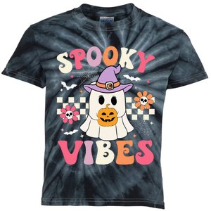 Spooky Vibes Retro Ghost Holding Pumpkin Halloween Kids Tie-Dye T-Shirt