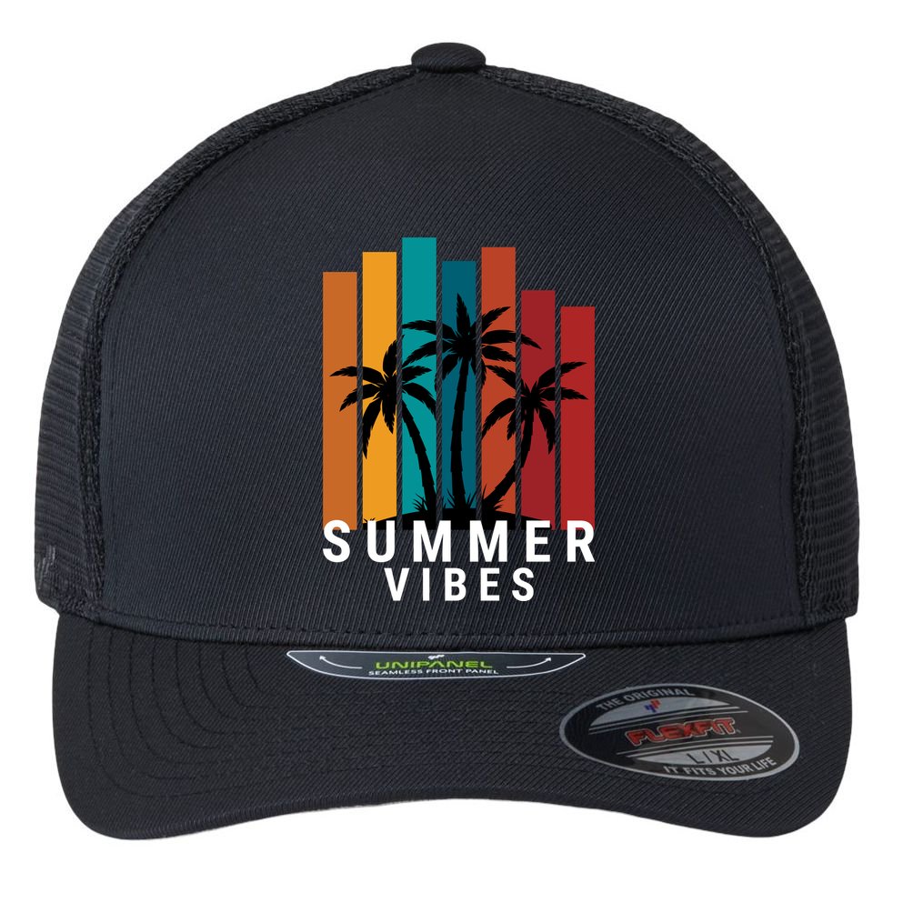Summer Vibes Retro Palm Tree Flexfit Unipanel Trucker Cap