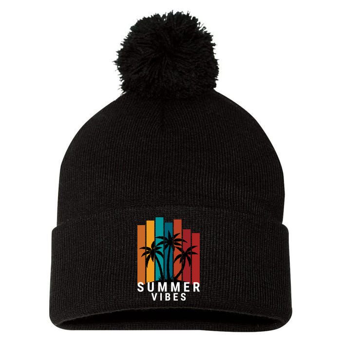 Summer Vibes Retro Palm Tree Pom Pom 12in Knit Beanie