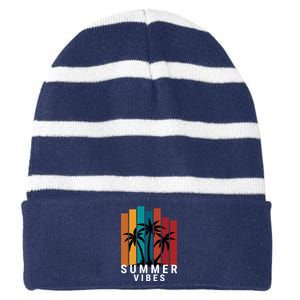 Summer Vibes Retro Palm Tree Striped Beanie with Solid Band