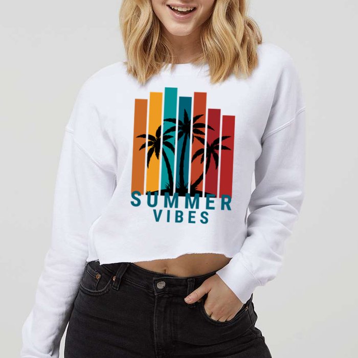 Summer Vibes Retro Palm Tree Cropped Pullover Crew