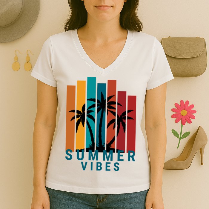 Summer Vibes Retro Palm Tree Women's V-Neck T-Shirt