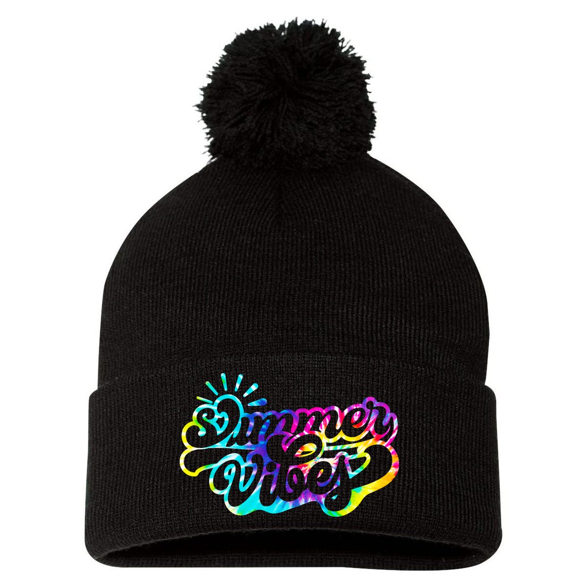 Summer Vibes Retro Colorful Trippy Style Pom Pom 12in Knit Beanie