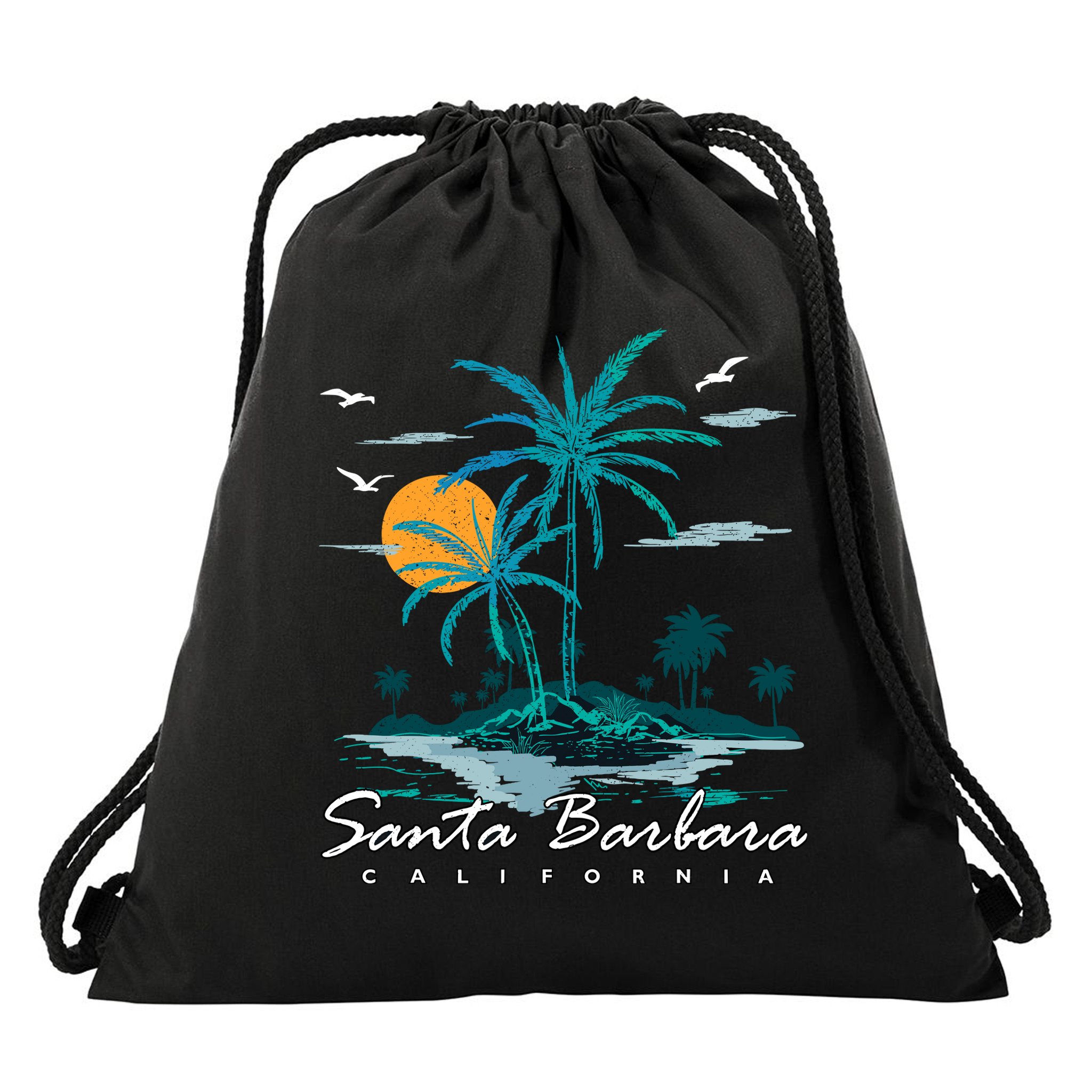 Summer Vacation Retro Sunset California Santa Barbara Drawstring Bag
