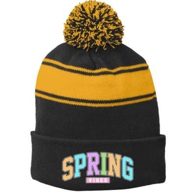 Spring Vibes Retro Varsity Stripe Pom Pom Beanie