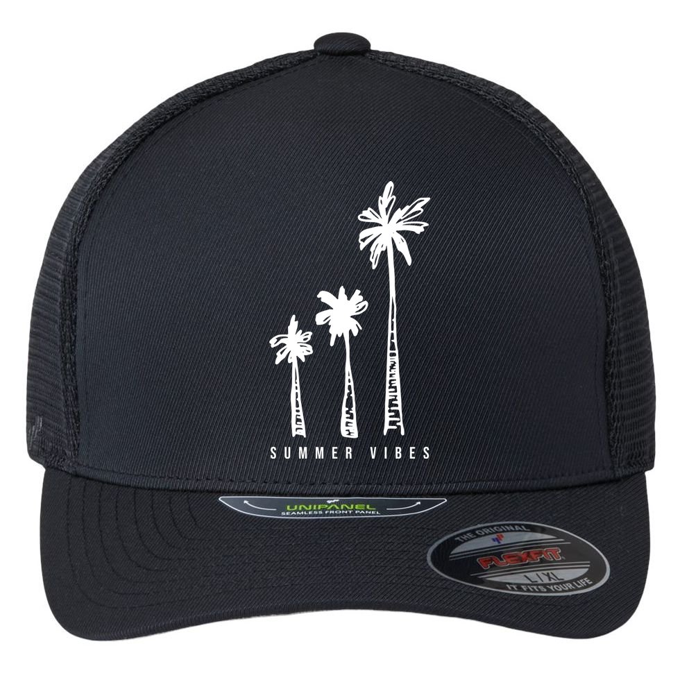 Summer Vibes Retro Palm Tree Flexfit Unipanel Trucker Cap