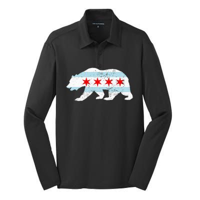 Sweet Vintage Retro Chicago City Flag Bear Print Silk Touch Performance Long Sleeve Polo