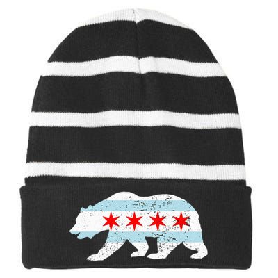 Sweet Vintage Retro Chicago City Flag Bear Print Striped Beanie with Solid Band